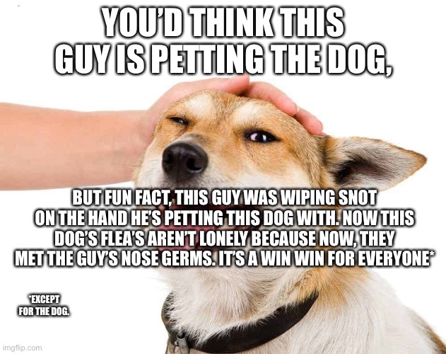 Doke | YOU’D THINK THIS GUY IS PETTING THE DOG, BUT FUN FACT, THIS GUY WAS WIPING SNOT ON THE HAND HE’S PETTING THIS DOG WITH. NOW THIS DOG’S FLEA’S AREN’T LONELY BECAUSE NOW, THEY MET THE GUY’S NOSE GERMS. IT’S A WIN WIN FOR EVERYONE*; *EXCEPT FOR THE DOG. | image tagged in petting a dog,smack that dog but don | made w/ Imgflip meme maker