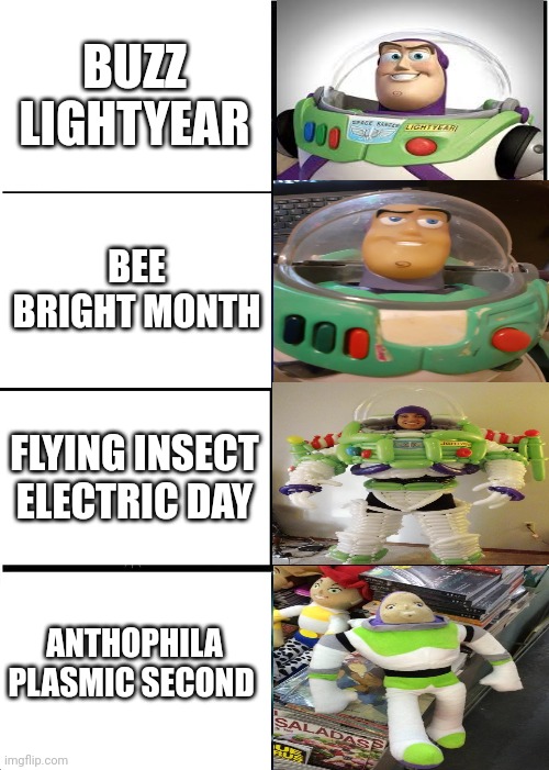 Bee bright seconds | BUZZ LIGHTYEAR; BEE BRIGHT MONTH; FLYING INSECT ELECTRIC DAY; ANTHOPHILA PLASMIC SECOND | image tagged in memes,expanding brain | made w/ Imgflip meme maker