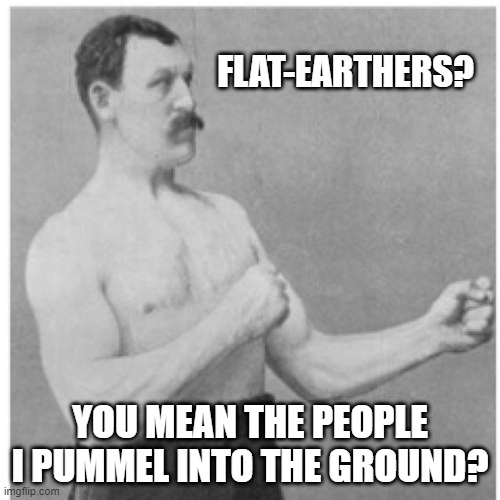 Flat-Earthers Flattened | FLAT-EARTHERS? YOU MEAN THE PEOPLE I PUMMEL INTO THE GROUND? | image tagged in memes,overly manly man,flat earthers,humor,funny,funny memes | made w/ Imgflip meme maker