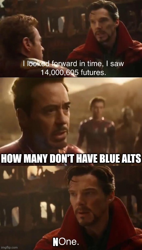 Dr. Strange’s Futures | HOW MANY DON'T HAVE BLUE ALTS; N | image tagged in dr strange s futures | made w/ Imgflip meme maker