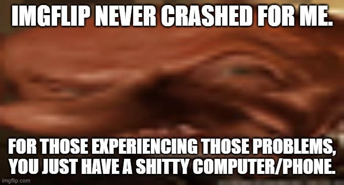 finger dingle eyebrow raise | IMGFLIP NEVER CRASHED FOR ME. FOR THOSE EXPERIENCING THOSE PROBLEMS, YOU JUST HAVE A SHITTY COMPUTER/PHONE. | image tagged in finger dingle eyebrow raise | made w/ Imgflip meme maker