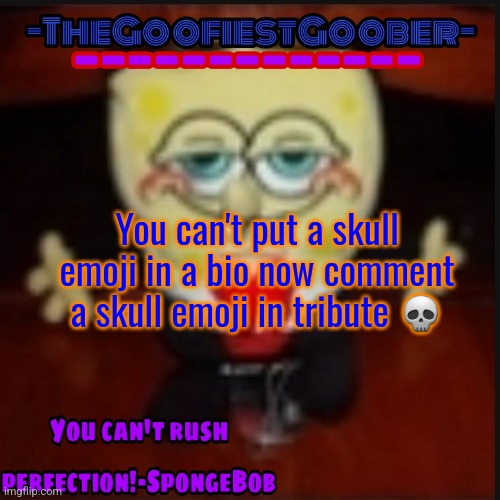 -TheGoofiestGoober Idk.jpg Announcement Template | You can't put a skull emoji in a bio now comment a skull emoji in tribute 💀 | image tagged in -thegoofiestgoober idk jpg announcement template | made w/ Imgflip meme maker