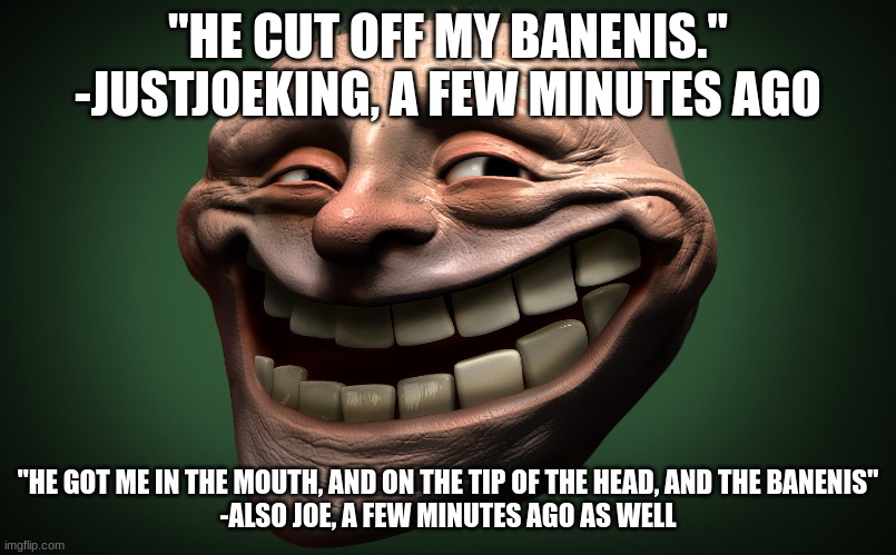 realistic troll face | "HE CUT OFF MY BANENIS."
-JUSTJOEKING, A FEW MINUTES AGO; "HE GOT ME IN THE MOUTH, AND ON THE TIP OF THE HEAD, AND THE BANENIS"
-ALSO JOE, A FEW MINUTES AGO AS WELL | image tagged in realistic troll face | made w/ Imgflip meme maker
