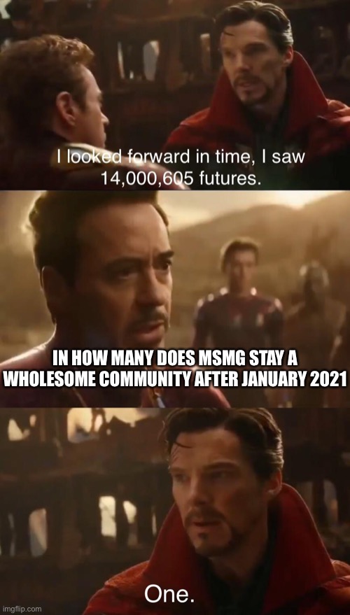 Dr. Strange’s Futures | IN HOW MANY DOES MSMG STAY A WHOLESOME COMMUNITY AFTER JANUARY 2021 | image tagged in dr strange s futures | made w/ Imgflip meme maker