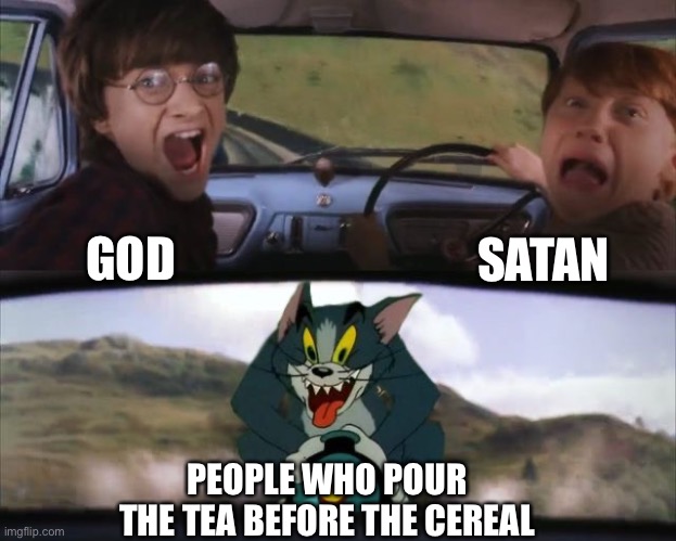 WHO EVEN POURS TEA BEFORE THE CEREAL?! |  SATAN; GOD; PEOPLE WHO POUR THE TEA BEFORE THE CEREAL | image tagged in tom chasing harry and ron weasly,memes,tea,cereal,god,satan | made w/ Imgflip meme maker