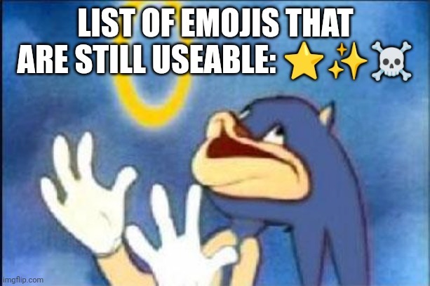 Sonic derp | LIST OF EMOJIS THAT ARE STILL USEABLE: ⭐✨☠️ | image tagged in sonic derp | made w/ Imgflip meme maker