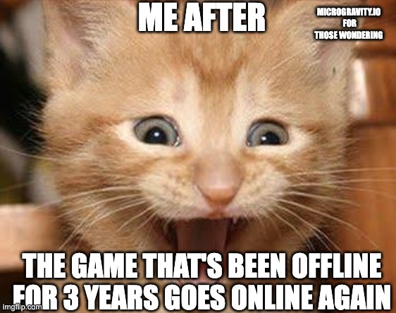 Finally | ME AFTER; MICROGRAVITY.IO
 FOR THOSE WONDERING; THE GAME THAT'S BEEN OFFLINE FOR 3 YEARS GOES ONLINE AGAIN | image tagged in memes,excited cat | made w/ Imgflip meme maker