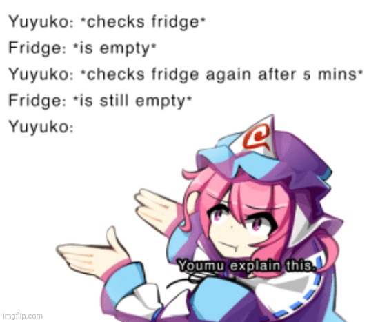Not my meme but lol this is Yuyuko in a nutshell (Touhou) | image tagged in memes,explain,touhou | made w/ Imgflip meme maker