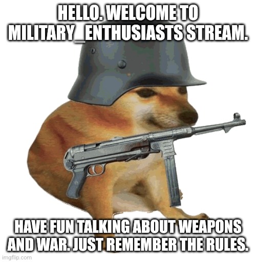 Welcome! | HELLO. WELCOME TO MILITARY_ENTHUSIASTS STREAM. HAVE FUN TALKING ABOUT WEAPONS AND WAR. JUST REMEMBER THE RULES. | image tagged in ww2,reeeeeeeeeeeeeeeeeeeeee,military,everything | made w/ Imgflip meme maker