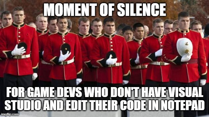 moment of silence | MOMENT OF SILENCE; FOR GAME DEVS WHO DON'T HAVE VISUAL STUDIO AND EDIT THEIR CODE IN NOTEPAD | image tagged in moment of silence | made w/ Imgflip meme maker