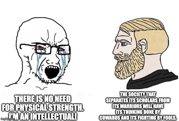 Soyboy Vs Yes Chad | THE SOCIETY THAT SEPARATES ITS SCHOLARS FROM ITS WARRIORS WILL HAVE ITS THINKING DONE BY COWARDS AND ITS FIGHTING BY FOOLS. THERE IS NO NEED FOR PHYSICAL STRENGTH. I'M AN INTELLECTUAL! | image tagged in soyboy vs yes chad | made w/ Imgflip meme maker