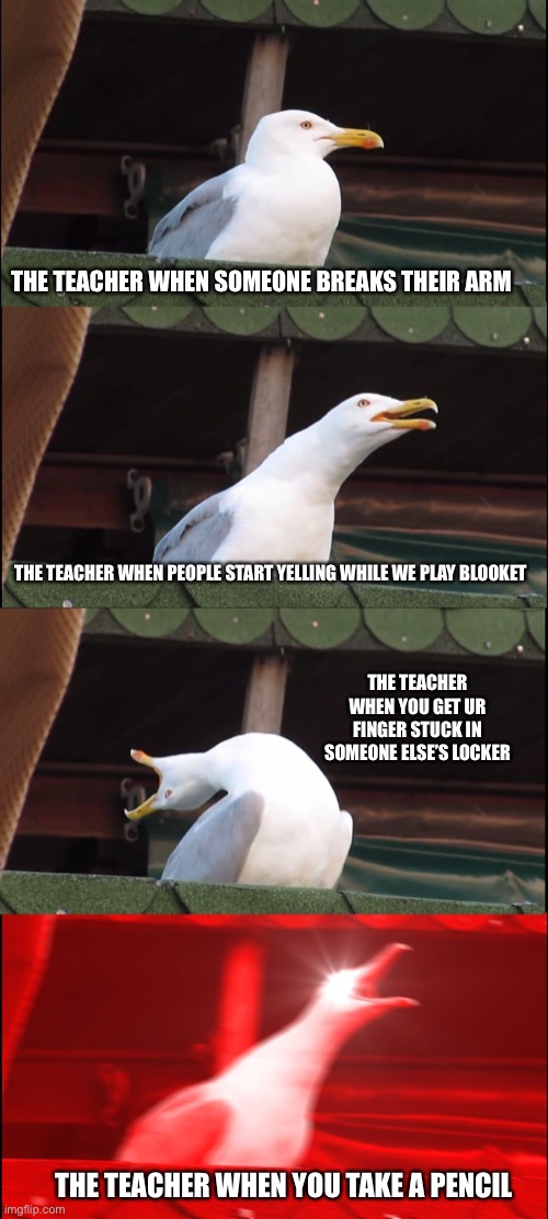 Inhaling Seagull | THE TEACHER WHEN SOMEONE BREAKS THEIR ARM; THE TEACHER WHEN PEOPLE START YELLING WHILE WE PLAY BLOOKET; THE TEACHER WHEN YOU GET UR FINGER STUCK IN SOMEONE ELSE’S LOCKER; THE TEACHER WHEN YOU TAKE A PENCIL | image tagged in memes,inhaling seagull | made w/ Imgflip meme maker