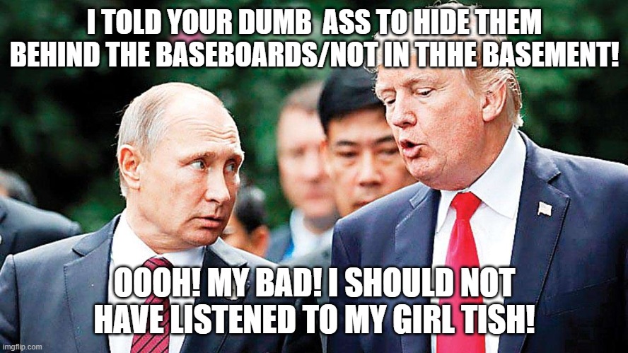 I TOLD YOUR DUMB  ASS TO HIDE THEM BEHIND THE BASEBOARDS/NOT IN THHE BASEMENT! OOOH! MY BAD! I SHOULD NOT HAVE LISTENED TO MY GIRL TISH! | made w/ Imgflip meme maker