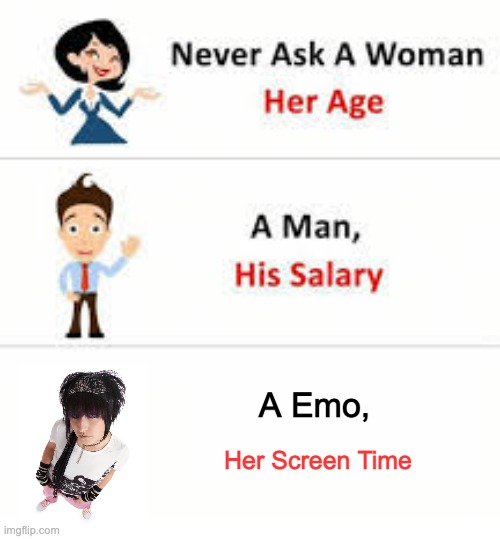 I'm not wrong. | A Emo, Her Screen Time | image tagged in never ask a woman her age | made w/ Imgflip meme maker