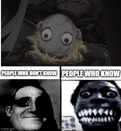 One Word: Conny. | PEOPLE WHO DON'T KNOW; PEOPLE WHO KNOW | image tagged in teacher's copy,mr incredible becoming uncanny,the promised neverland,conny,anime,animeme | made w/ Imgflip meme maker