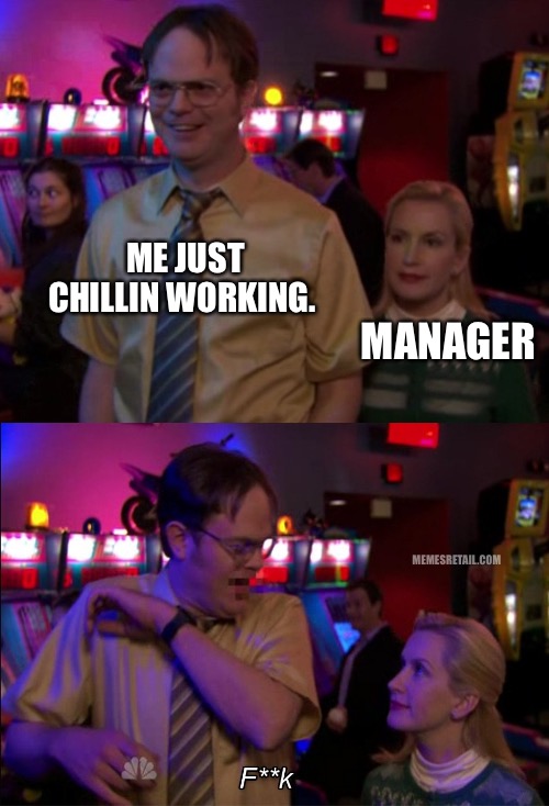 Manager sneaking up | ME JUST CHILLIN WORKING. MANAGER; MEMESRETAIL.COM | image tagged in angela scared dwight | made w/ Imgflip meme maker