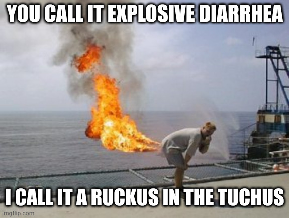 Explosive Diarrhea | YOU CALL IT EXPLOSIVE DIARRHEA; I CALL IT A RUCKUS IN THE TUCHUS | image tagged in explosive diarrhea | made w/ Imgflip meme maker