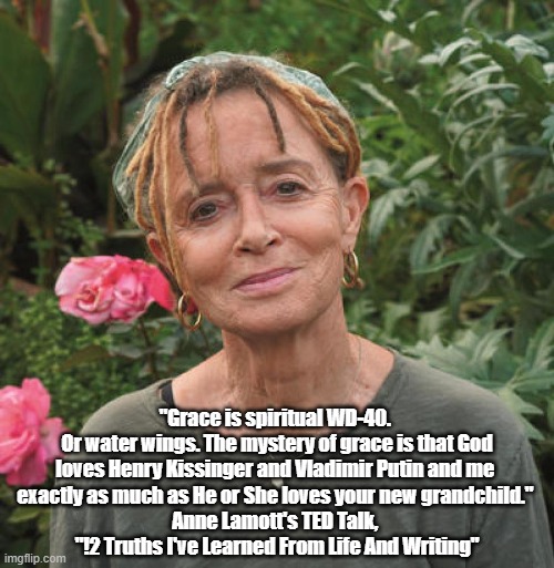 Anne Lamott On Grace | "Grace is spiritual WD-40. 
Or water wings. The mystery of grace is that God loves Henry Kissinger and Vladimir Putin and me 
exactly as much as He or She loves your new grandchild." 
Anne Lamott's TED Talk, 
"!2 Truths I've Learned From Life And Writing" | image tagged in anne lamott,the love of god,ted talk | made w/ Imgflip meme maker