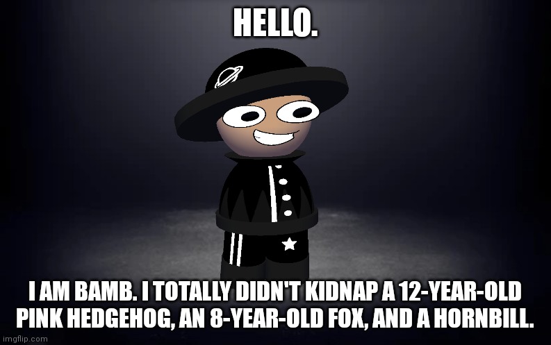 Dim room | HELLO. I AM BAMB. I TOTALLY DIDN'T KIDNAP A 12-YEAR-OLD PINK HEDGEHOG, AN 8-YEAR-OLD FOX, AND A HORNBILL. | image tagged in dim room | made w/ Imgflip meme maker