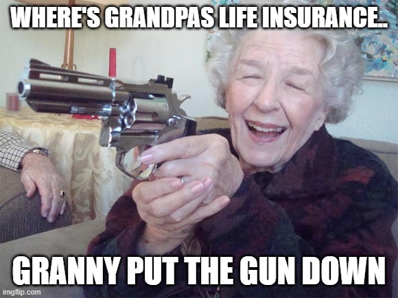 Old lady takes aim | WHERE'S GRANDPAS LIFE INSURANCE.. GRANNY PUT THE GUN DOWN | image tagged in old lady takes aim | made w/ Imgflip meme maker