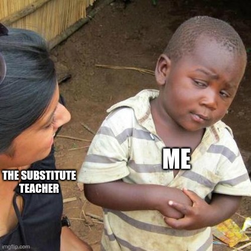 Third World Skeptical Kid Meme | THE SUBSTITUTE TEACHER; ME | image tagged in memes,third world skeptical kid | made w/ Imgflip meme maker