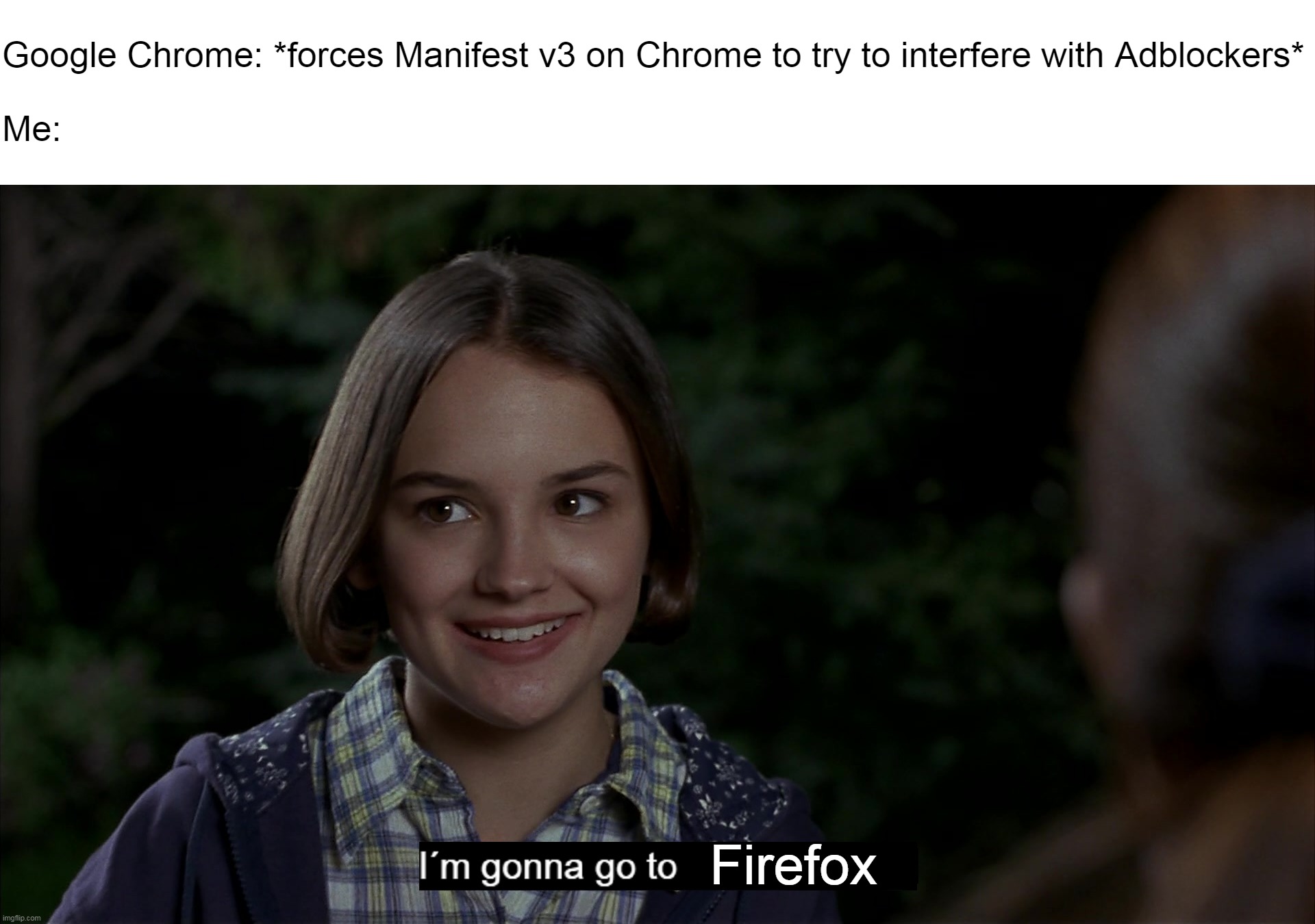 Google Chrome: *forces Manifest v3 on Chrome to try to interfere with Adblockers*
 
Me:; Firefox | image tagged in meme,memes,humor,chrome,adblock,google | made w/ Imgflip meme maker