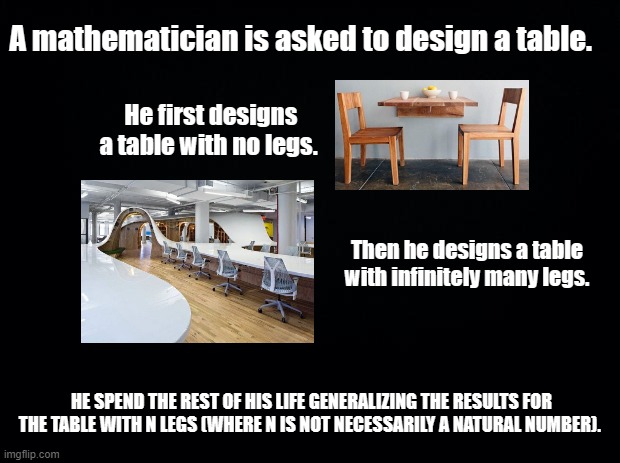 Mathematician designs a table |  A mathematician is asked to design a table. He first designs a table with no legs. Then he designs a table with infinitely many legs. HE SPEND THE REST OF HIS LIFE GENERALIZING THE RESULTS FOR THE TABLE WITH N LEGS (WHERE N IS NOT NECESSARILY A NATURAL NUMBER). | image tagged in black background,math,mathematics,table | made w/ Imgflip meme maker