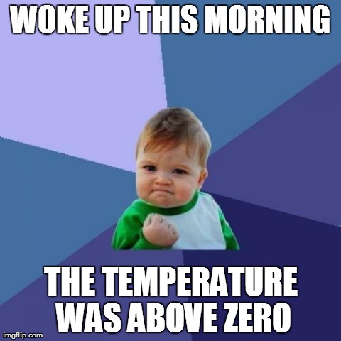 Success Kid | WOKE UP THIS MORNING THE TEMPERATURE WAS ABOVE ZERO | image tagged in memes,success kid | made w/ Imgflip meme maker