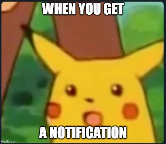 a notification! :D | WHEN YOU GET; A NOTIFICATION | image tagged in surprised pikachu | made w/ Imgflip meme maker