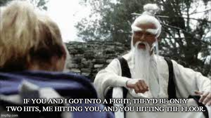 White Eyebrow's Punch | IF YOU AND I GOT INTO A FIGHT, THEY'D BE ONLY TWO HITS, ME HITTING YOU, AND YOU HITTING THE FLOOR. | image tagged in pai mei,kung fu,taoist,fist fight,sifu,white eyebrow | made w/ Imgflip meme maker