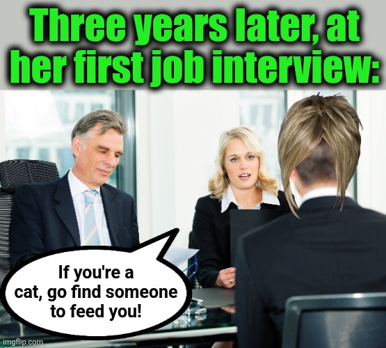 job interview | Three years later, at her first job interview: If you're a
cat, go find someone
to feed you! | image tagged in job interview | made w/ Imgflip meme maker