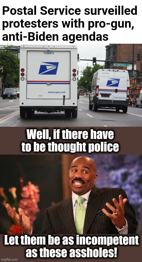 Postal inspector thought police?  WTF?! | Postal Service surveilled
protesters with pro-gun,
anti-Biden agendas; Well, if there have to be thought police; Let them be as incompetent
as these assholes! | image tagged in memes,steve harvey,postal service,thought police,democrats,joe biden | made w/ Imgflip meme maker