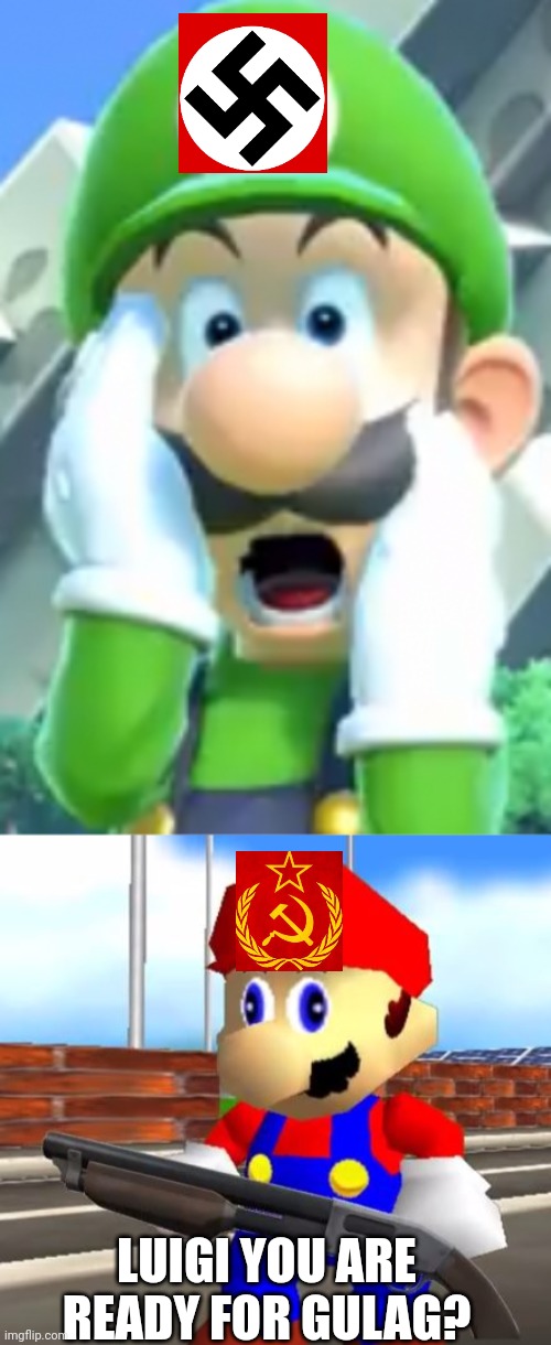 Luigi!!!!!! Comunism time! | LUIGI YOU ARE READY FOR GULAG? | image tagged in oh no,smg4 shotgun mario,luigi,mario,bugs bunny comunista,nazi | made w/ Imgflip meme maker