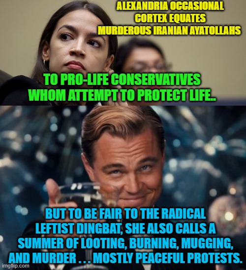 I can GUARANTEE that eventually the Dem Party will run her for the presidency. | ALEXANDRIA OCCASIONAL CORTEX EQUATES MURDEROUS IRANIAN AYATOLLAHS; TO PRO-LIFE CONSERVATIVES WHOM ATTEMPT TO PROTECT LIFE.. BUT TO BE FAIR TO THE RADICAL LEFTIST DINGBAT, SHE ALSO CALLS A SUMMER OF LOOTING, BURNING, MUGGING, AND MURDER . . . MOSTLY PEACEFUL PROTESTS. | image tagged in aoc,dingbat,only occasional cortex | made w/ Imgflip meme maker