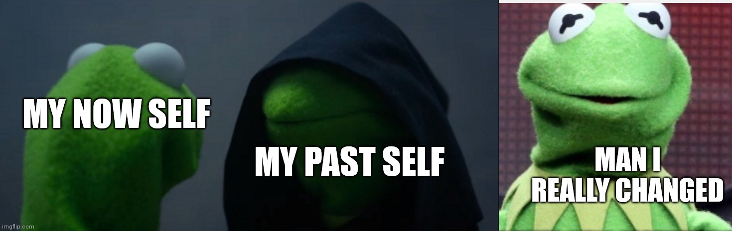 Kermits past life and now Life | MY NOW SELF; MAN I REALLY CHANGED; MY PAST SELF | image tagged in memes,evil kermit,funny memes | made w/ Imgflip meme maker