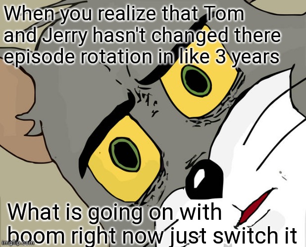 It showing that they don't care about T&J no more | When you realize that Tom and Jerry hasn't changed there episode rotation in like 3 years; What is going on with boom right now just switch it | image tagged in memes,unsettled tom,funny memes | made w/ Imgflip meme maker