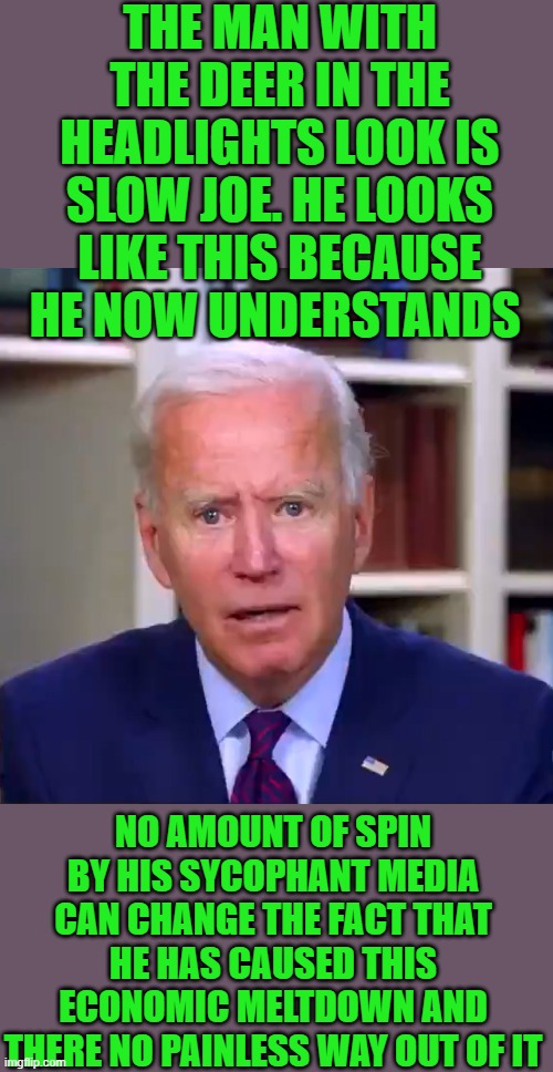 yep | THE MAN WITH THE DEER IN THE HEADLIGHTS LOOK IS SLOW JOE. HE LOOKS LIKE THIS BECAUSE HE NOW UNDERSTANDS; NO AMOUNT OF SPIN BY HIS SYCOPHANT MEDIA CAN CHANGE THE FACT THAT HE HAS CAUSED THIS ECONOMIC MELTDOWN AND THERE NO PAINLESS WAY OUT OF IT | image tagged in slow joe biden dementia face | made w/ Imgflip meme maker