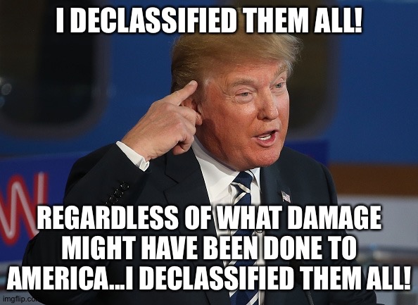 Trump Thinking | I DECLASSIFIED THEM ALL! REGARDLESS OF WHAT DAMAGE MIGHT HAVE BEEN DONE TO AMERICA...I DECLASSIFIED THEM ALL! | image tagged in trump thinking | made w/ Imgflip meme maker