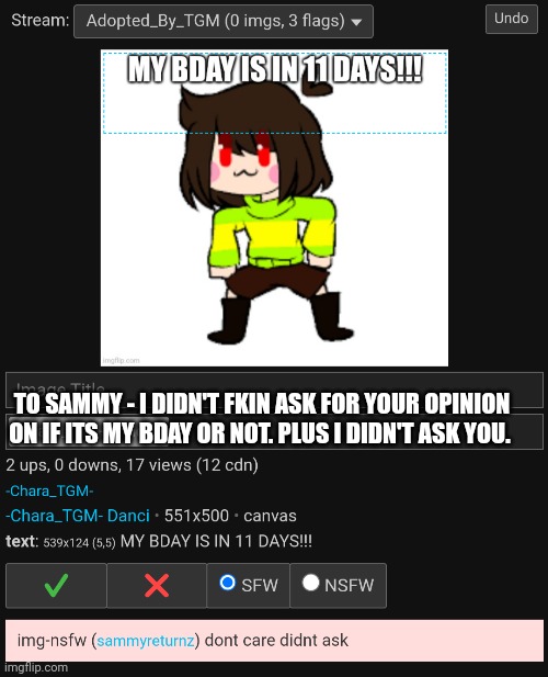 TO SAMMY - I DIDN'T FKIN ASK FOR YOUR OPINION ON IF ITS MY BDAY OR NOT. PLUS I DIDN'T ASK YOU. | made w/ Imgflip meme maker