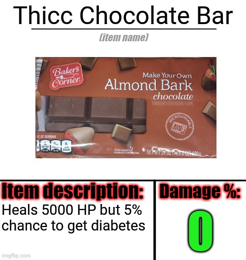 Chonklate | Thicc Chocolate Bar; Heals 5000 HP but 5% chance to get diabetes | image tagged in item-shop template | made w/ Imgflip meme maker