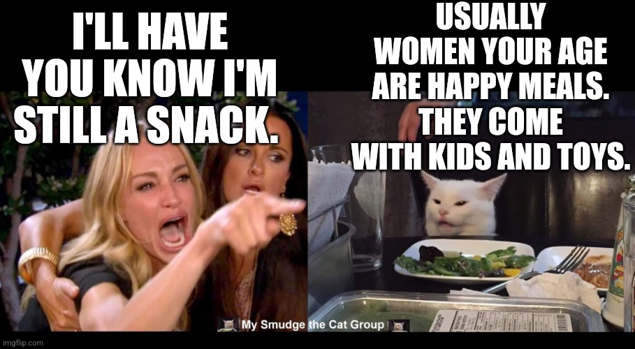  USUALLY WOMEN YOUR AGE ARE HAPPY MEALS. THEY COME WITH KIDS AND TOYS. I'LL HAVE YOU KNOW I'M STILL A SNACK. | image tagged in smudge the cat | made w/ Imgflip meme maker