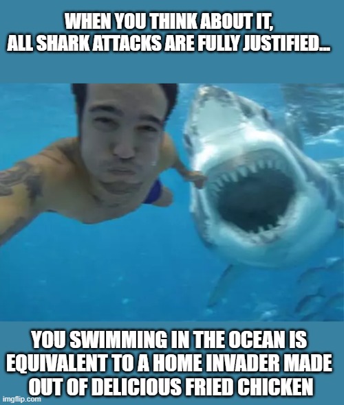 WHEN YOU THINK ABOUT IT,
ALL SHARK ATTACKS ARE FULLY JUSTIFIED... YOU SWIMMING IN THE OCEAN IS 
EQUIVALENT TO A HOME INVADER MADE 
OUT OF DELICIOUS FRIED CHICKEN | image tagged in shark,fried chick,self defense | made w/ Imgflip meme maker