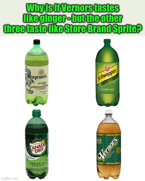 Ginger Ale Debate | Why is it Vernors tastes like ginger - but the other three taste like Store Brand Sprite? | image tagged in ginger ale debate | made w/ Imgflip meme maker