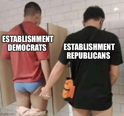 Uniparty | ESTABLISHMENT REPUBLICANS; ESTABLISHMENT DEMOCRATS | image tagged in two guys pee | made w/ Imgflip meme maker