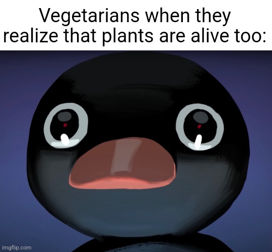 Veg | Vegetarians when they realize that plants are alive too: | image tagged in pingu stare,memes,vegetarian | made w/ Imgflip meme maker