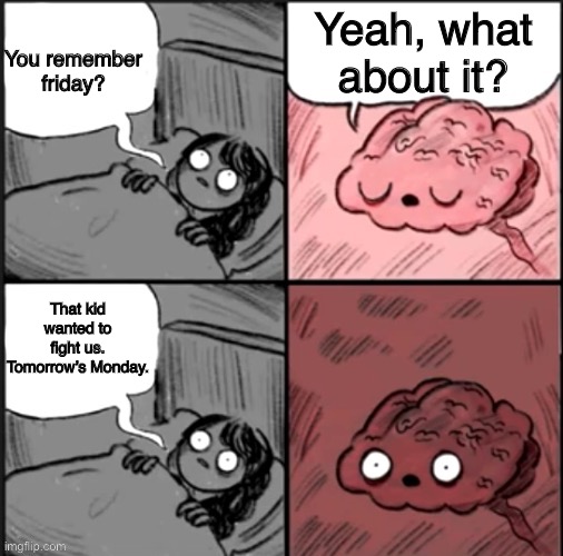 Hey Brain Are You Going to Sleep? | Yeah, what about it? You remember friday? That kid wanted to fight us. Tomorrow’s Monday. | image tagged in hey brain are you going to sleep | made w/ Imgflip meme maker