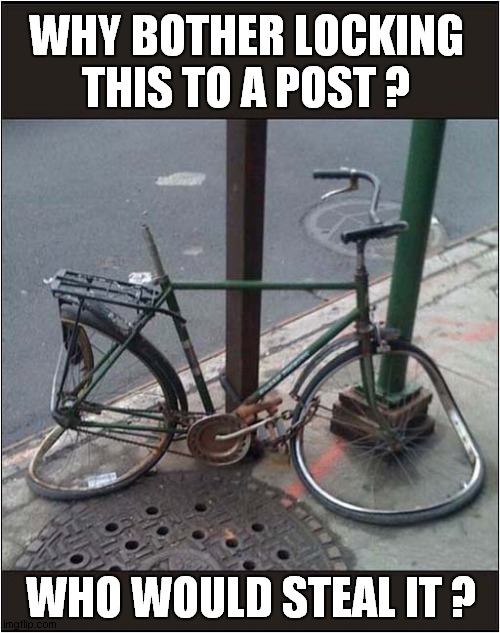 People Are Strange ! |  WHY BOTHER LOCKING
THIS TO A POST ? WHO WOULD STEAL IT ? | image tagged in fun,bicycle,lock,stealing | made w/ Imgflip meme maker