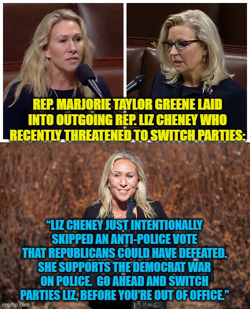 It certainly wouldn't be any great loss; and it would FINALLY be a bit of truth in advertising for Liz. | REP. MARJORIE TAYLOR GREENE LAID INTO OUTGOING REP. LIZ CHENEY WHO RECENTLY THREATENED TO SWITCH PARTIES:; “LIZ CHENEY JUST INTENTIONALLY SKIPPED AN ANTI-POLICE VOTE THAT REPUBLICANS COULD HAVE DEFEATED. SHE SUPPORTS THE DEMOCRAT WAR ON POLICE.  GO AHEAD AND SWITCH PARTIES LIZ, BEFORE YOU’RE OUT OF OFFICE.” | image tagged in way to go mtg | made w/ Imgflip meme maker