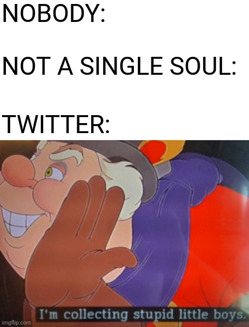 New template | NOBODY:; NOT A SINGLE SOUL:; TWITTER: | image tagged in i'm collecting stupid little boys,twitter,disney,pinocchio,sussy baka | made w/ Imgflip meme maker