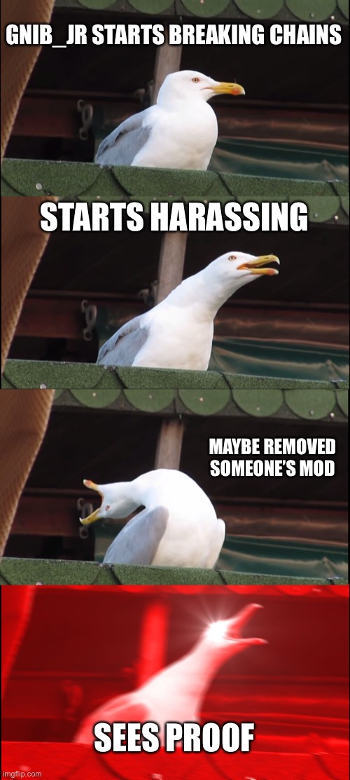 idk what is happening h e l p | GNIB_JR STARTS BREAKING CHAINS; STARTS HARASSING; MAYBE REMOVED SOMEONE’S MOD; SEES PROOF | image tagged in memes,inhaling seagull,gnib_jr you need to stop harassing peeps | made w/ Imgflip meme maker